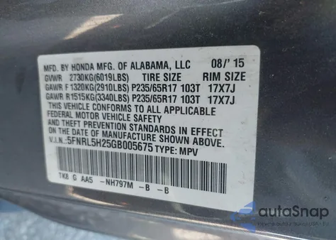 2016 Honda Odyssey Lx z USA, uszkodzony, nr VIN 5FNRL5H25GB005675